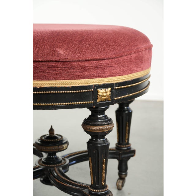 Black Antique English Stool with Red Fabric Seat and Black Wooden Base with Gold-Colored Details For Sale - Image 8 of 12