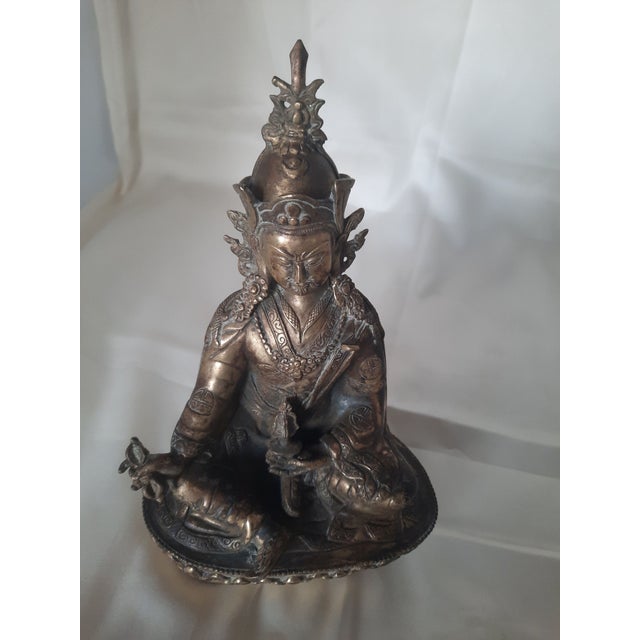 Bronze Vintage Sino-Tibetan Cast Bronze Guardian King or Deity Sculpture on Lotus Base For Sale - Image 8 of 10
