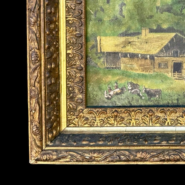 Antique Early American S. E. Groff Landscape Oil Painting of Mountain Cabin Scene W/ Original Gold Frame For Sale - Image 9 of 10