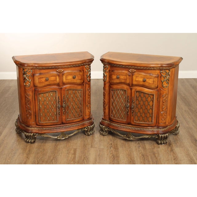 High Quality Pair of Carved Bedside Chests, Burl Woods, Walnut Finish with Cast Mounted Accents and Single Drawer Over...
