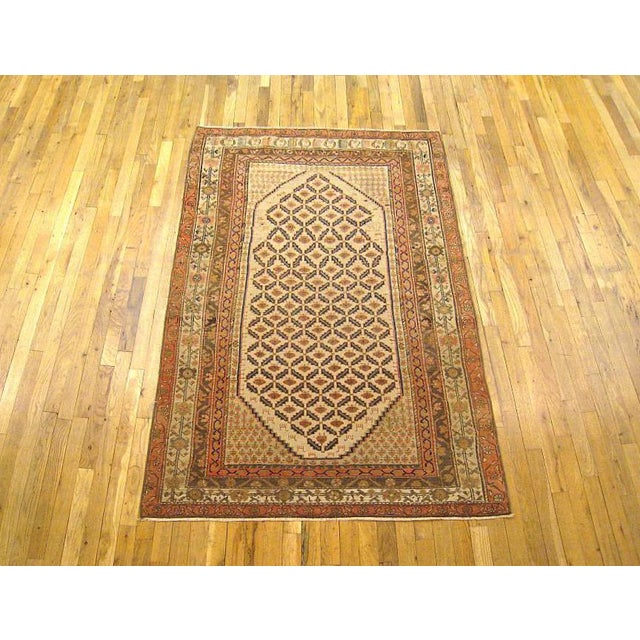 An antique Persian Hamadan Camel Hair oriental rug, size 6'3" x 4'0", circa 1920. This handsome hand-knotted wool carpet...