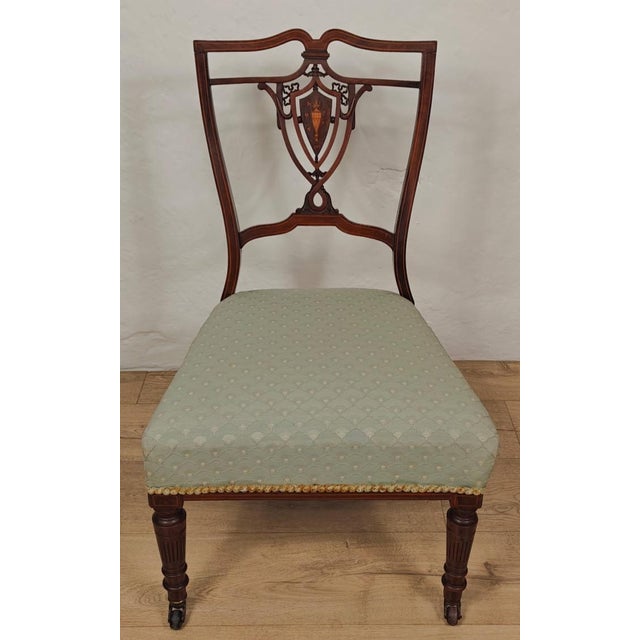 Edwardian Nursing Chair with Inlaid Motif Castors Upholstery, 1910 For Sale - Image 4 of 15