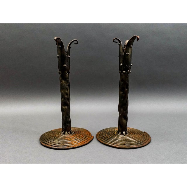 Vintage Brutalist Studio Iron Metal Art Candlestick Holders - a Pair For Sale In Miami - Image 6 of 8