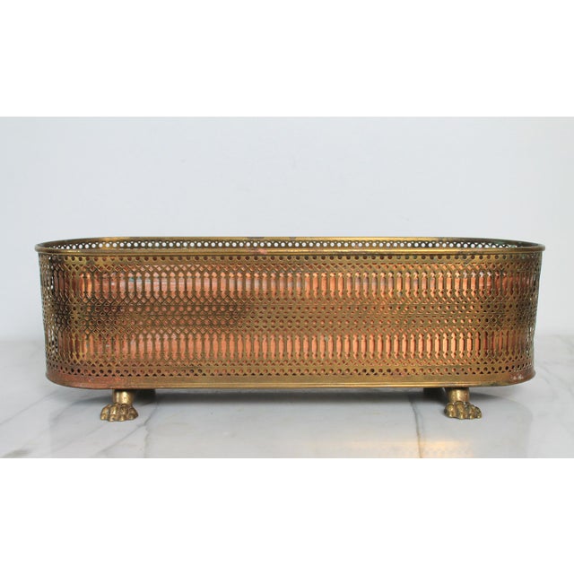 Vintage Oval Elongated Footed Brass and Copper Reticulated Planter W/ Paw Feet For Sale - Image 4 of 14