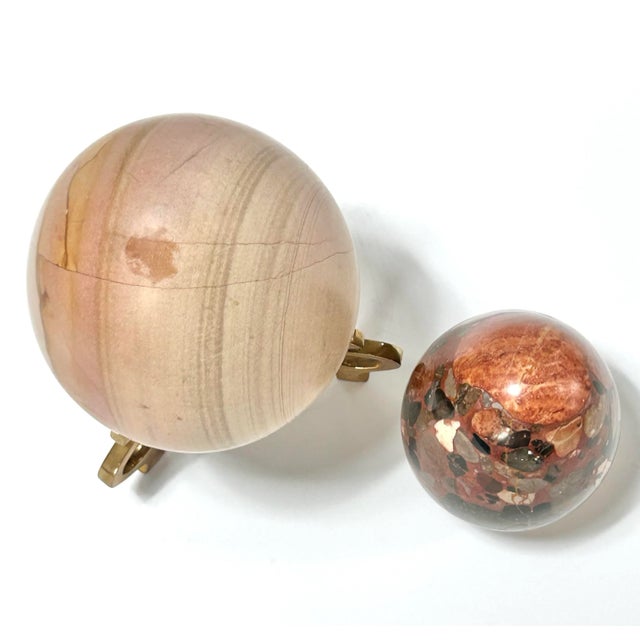 1980s Large Vintage Polished Stone Decorative Eggs – Natural Stone Sculptures on Brass Stand (Pair) For Sale - Image 5 of 7