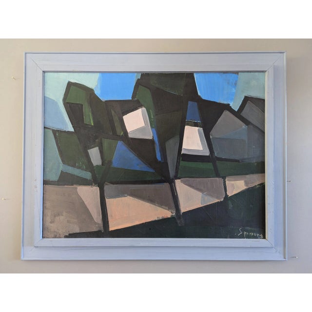 GEOMETRIC PATHWAY Size: 25.2 x 31.9 inches (including frame) Oil on canvas A bold and striking mid-century abstract...