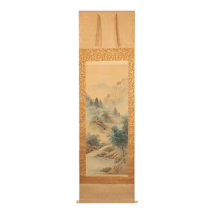 Early 20th Century Meiji to Early Showa Era Japanese Watercolor Scroll Painting, "Mountain Landscape With Trees and River"