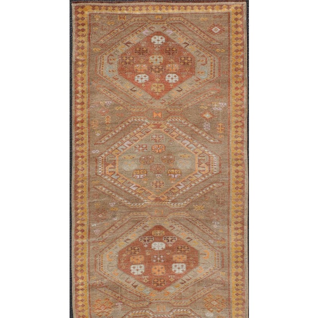 Vintage Turkish Oushak Runner With Tribal Medallions in Brown's, Yellow, and Red 2'11 X 10'11 For Sale - Image 4 of 10