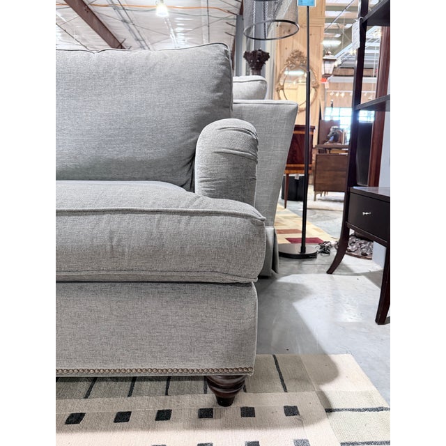 Bassett Late 20th Century Bassett Grey Linen Nailhead Trim Sofa For Sale - Image 4 of 12