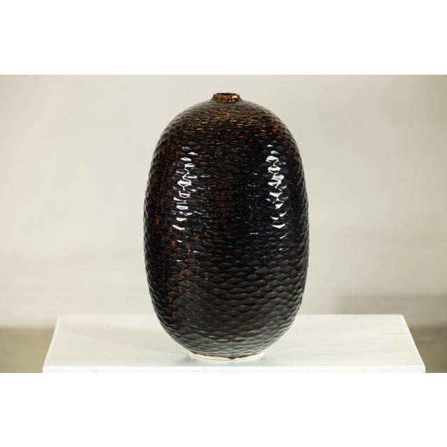 Artisan Large Honeycomb-Textured Ceramic Vase in Deep Brown and Black Glaze For Sale - Image 11 of 18