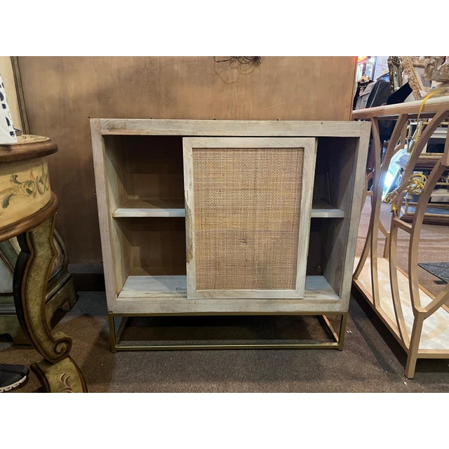 Contemporary Natural Wood & Rattan Sliding Door Cabinet With Brass Base For Sale - Image 3 of 8