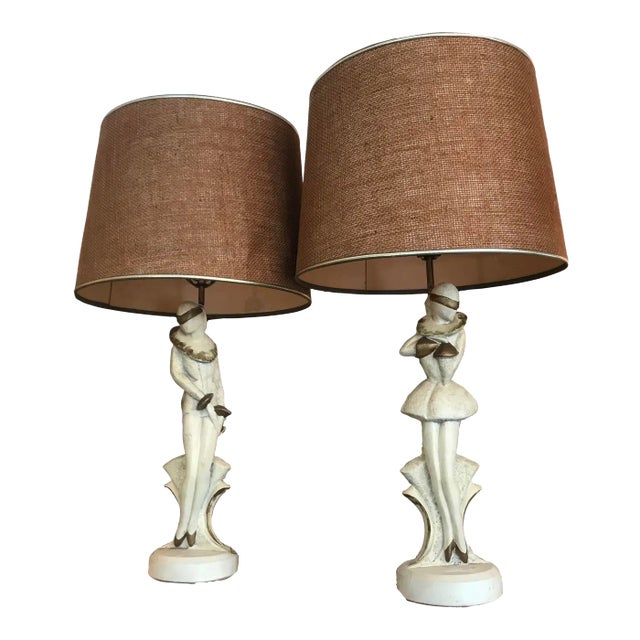 Vintage 1960 Florence Art Mid-Century Chalkware Harlequin Figures Lamps - a Pair For Sale
