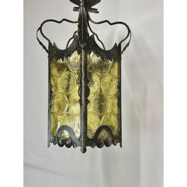 1950s Gothic Lantern in Wrought Iron and Amber Glass, 1960s For Sale - Image 5 of 11