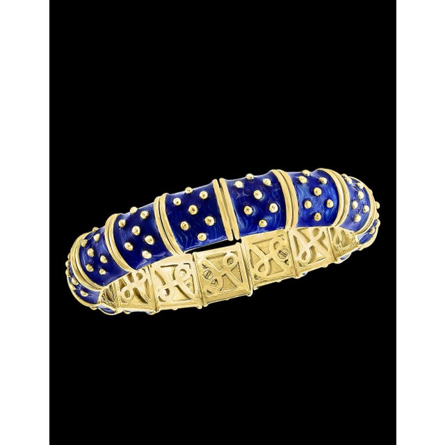 Metal Three-Piece Bangel / Cuff Set Red Green & Blue Enamel 18 Kt Gold 286 Gm, Hidalgo For Sale - Image 7 of 8
