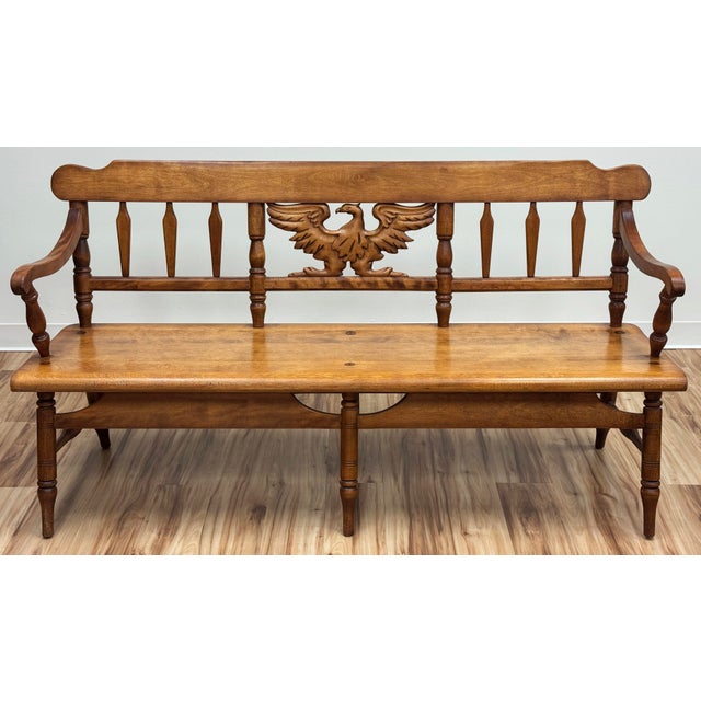 Farmhouse Vintage Cushman Carved Wood Colonial Farmhouse Bench For Sale - Image 3 of 9