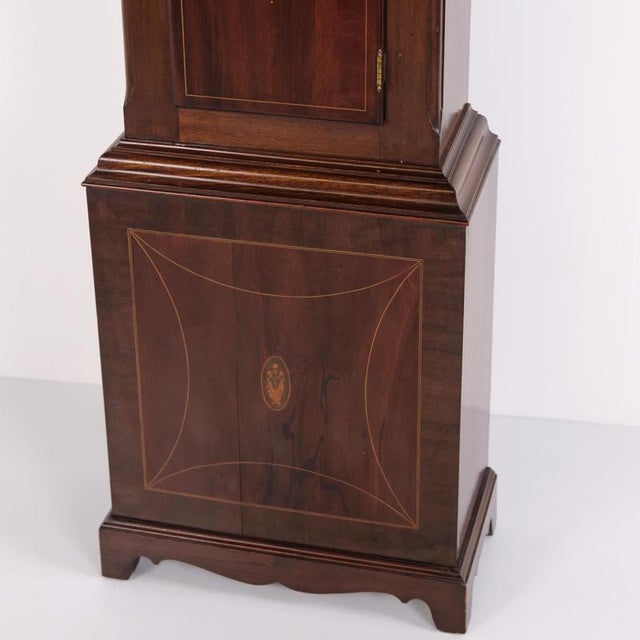 Brown English Mahogany Longcase Clock with Marquetry and Brass Dial, 1880s For Sale - Image 8 of 13