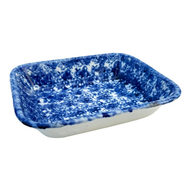 Antique American Blue & White Spongeware Baking Dish – Vintage Folk Art Stoneware For Sale