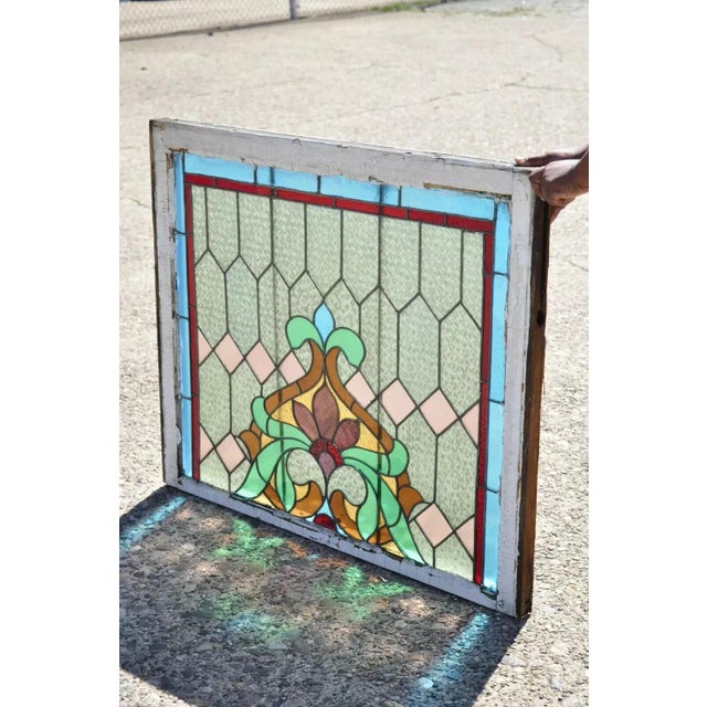 Antique Art Nouveau Stained Glass Blue Green Orange Fleur De Lis Window For Sale - Image 11 of 11