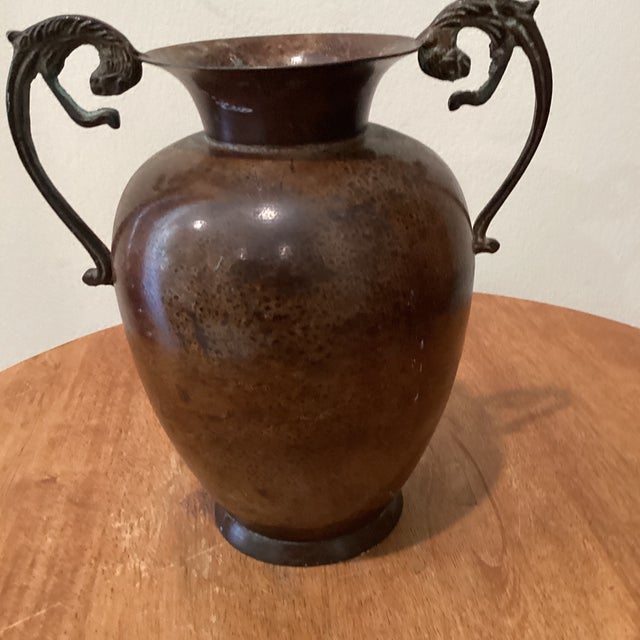 Vintage Roman Style Amphora Vase/Urn With Jaguar Ornate Handles Weathered Patina For Sale - Image 10 of 12