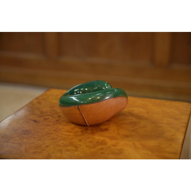 Leather-Covered Ceramic Trinket Tray by George Jouve for Longchamp, 1960s, in Very Good conditions. Designed 1960 to 1969...