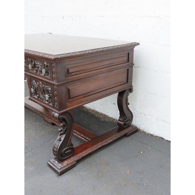 Late 1800s Victorian Large Heavy Hand Carved Cherub Partner Desk 6656 For Sale - Image 9 of 17