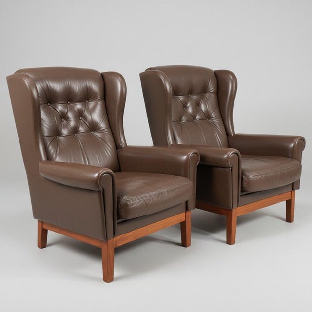 Nordic Wingback Chairs in Brown Leather, 1970, Set of 2 For Sale - Image 3 of 10