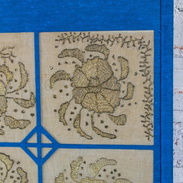 19th Century 19th to 20th Century Textile Wall Art Metallic Gold Embroidered Panel on Linen Blue Silk Frame Manner of Turkish Ottoman For Sale - Image 5 of 18