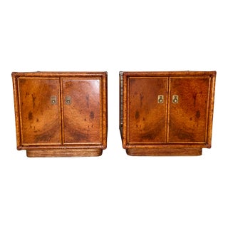 Pair of Burlwood and Rattan Chinoiserie Hollywood Regency Bedside Tables, 1960s For Sale