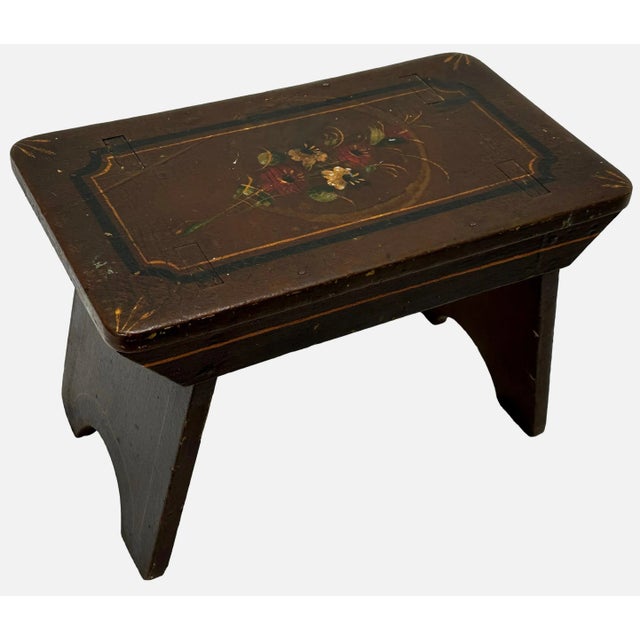 Antique Hand Made American Victorian Folk Art Wood Fireside Footstool With Hand Oil Painted Flowers & Features For Sale In Boston - Image 6 of 13