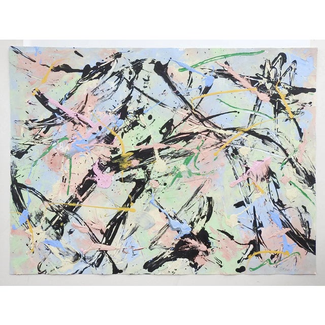 Contemporary Abstract Style of Jackson Pollock Painting in Pink Blue & Black For Sale - Image 3 of 3
