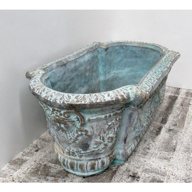 French Mediterranean-Style Tiffany Blue & Bronze Elongated Concrete Garden Planter For Sale In Miami - Image 6 of 13