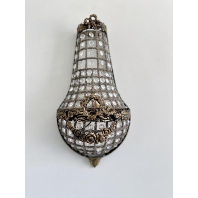 French Empire Style Basket Wall Sconces in Bronze and Crystal, 1920s, Set of 2 For Sale - Image 6 of 18