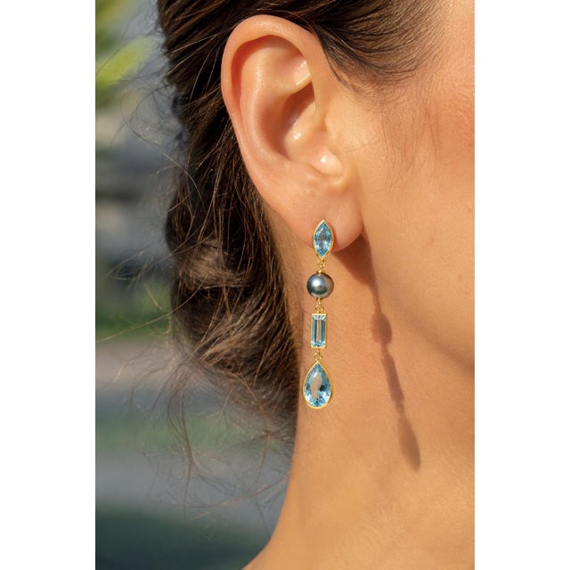 Sky Blue Topaz & Pearl Drop Earrings Studs, Silver, Gold, Pair For Sale - Image 4 of 10