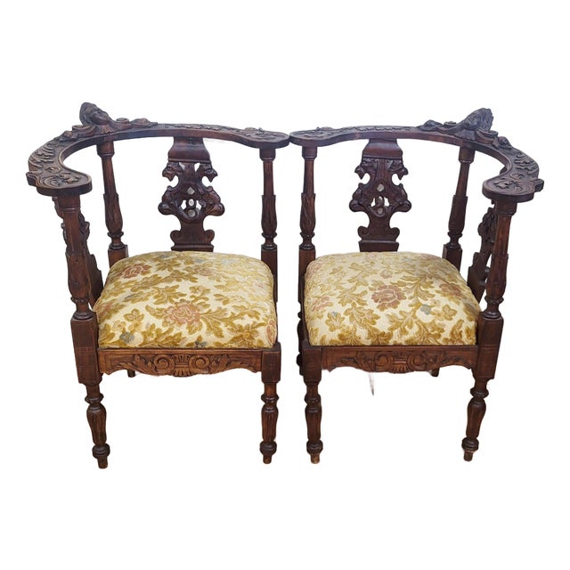 Pair Antique Italian Renaissance Angel & Griffon Carved Walnut Corner Chairs For Sale