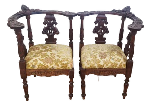 Pair Antique Italian Renaissance Angel & Griffon Carved Walnut Corner Chairs