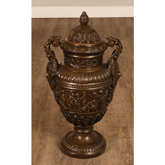 Neoclassical Style Large Pair Of Cast Bronze Covered Urns With Figural Relief For Sale - Image 13 of 18
