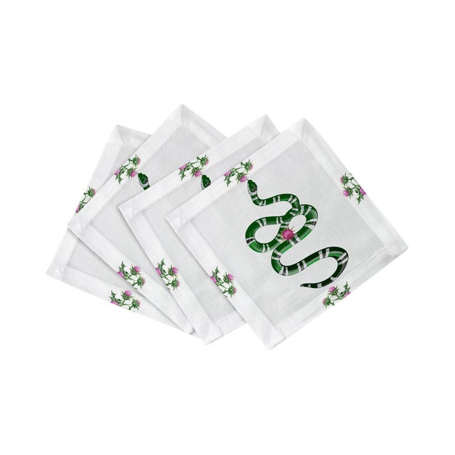 Thistle And Snake Cotton Sateen Cocktail Napkins in Pink White, Set of 4 For Sale In Miami - Image 6 of 6