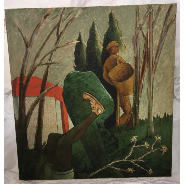 Beautiful and powerful oil and wax on canvas painting by Gidon Bendor of a figure carrying a basket with evergreen trees...