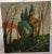 Beautiful and powerful oil and wax on canvas painting by Gidon Bendor of a figure carrying a basket with evergreen trees...