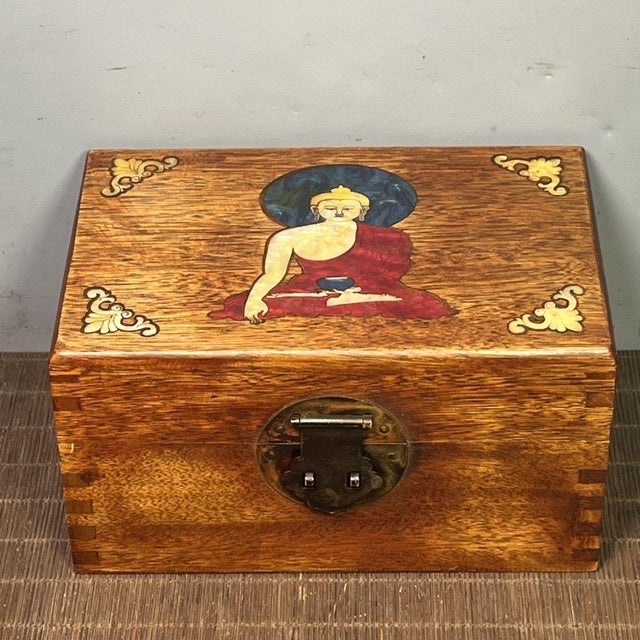 Brown Rosewood Mother-of-Pearl Inlaid Buddha Keepsake Box For Sale - Image 8 of 9