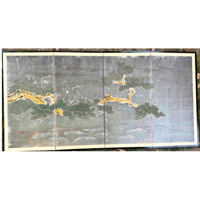 Vintage Japanese Four-Panel Hand-Painted Silver Leaf Pine Tree Folding Screen For Sale - Image 12 of 16