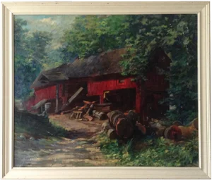 C.1940s Connecticut Red Barn Regional Landscape Oil Painting by Davis S. Fischler