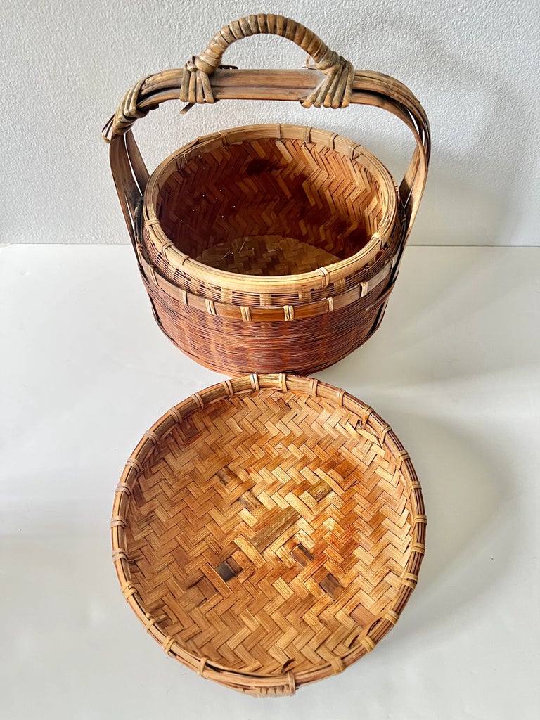Antique Chinese Lidded Bamboo Wedding Basket - Early 20th Century