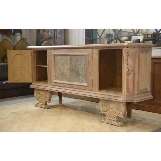 Large 4-Door Sideboard in Cerused Oak, Reverse-Painted Mirror and Leather, 1950s For Sale - Image 10 of 16