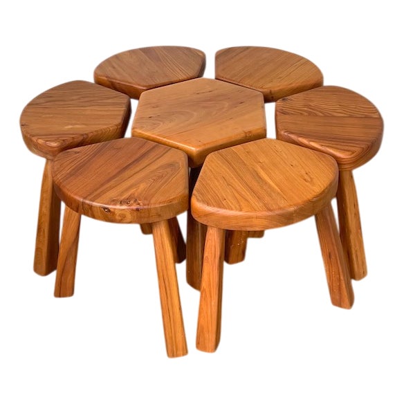 Flower Coffee Table Set with Elm Tripod Stools, 1950s, Set of 7 For Sale