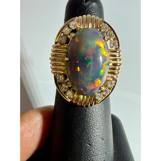 Metal 10Ct Oval Shape Black Australian Opal Cocktail Ring 14 Kt Yellow Gold, Size 6.5 For Sale - Image 7 of 8