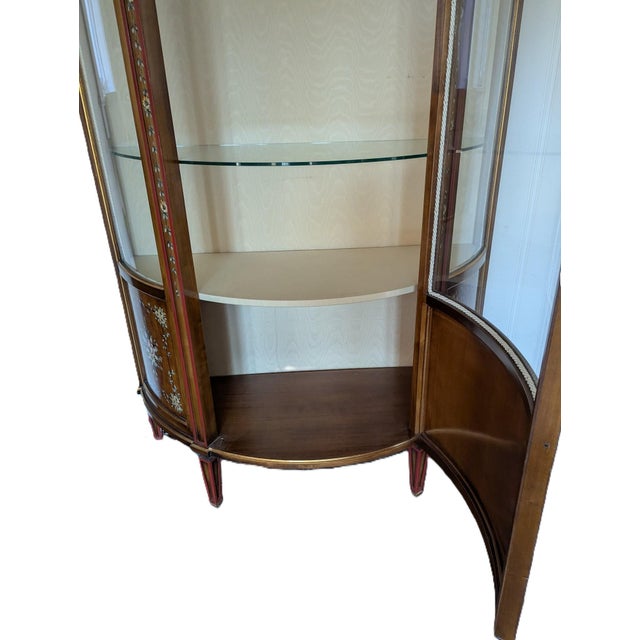 French Style "Etagere" With a Demilune Shape, Hand Painted Floral Marquetry and Lit Back Drop. For Sale - Image 4 of 12