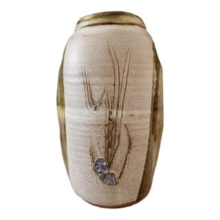 1970s Mid-Century Hand-Etched Botanical Studio Pottery Vase Signed Nora For Sale