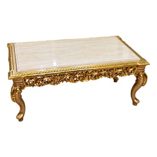 Elegant French Louis XV Style Coffee Table – Ornate Gold Leaf Frame With Marble Top For Sale