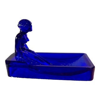 Vintage Art Deco Nude Woman in a Pool Cobalt Blue Glass Soap, Jewelry, or Trinket Dish After Lalique Henrich Hoffmann For Sale